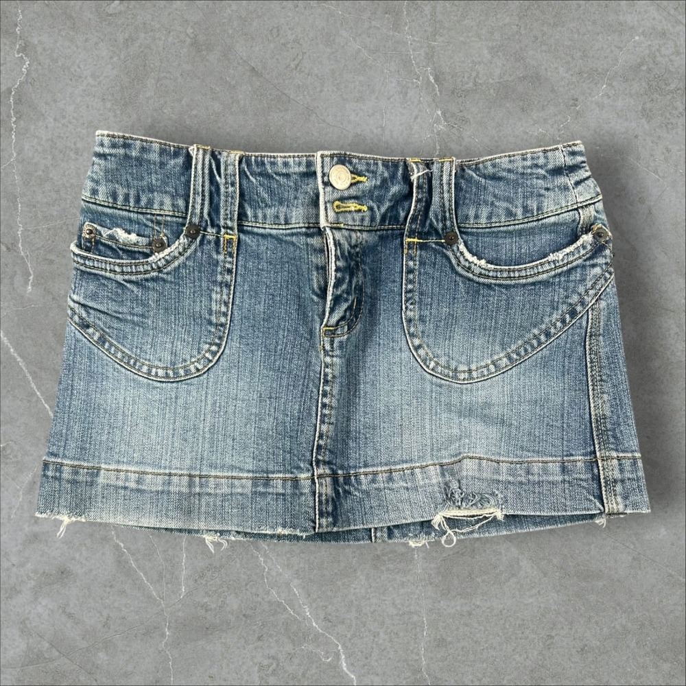 Weather Vane Denim Mini Skirt Womens Size 1 Blue Low Rise Distressed Y2K Frayed